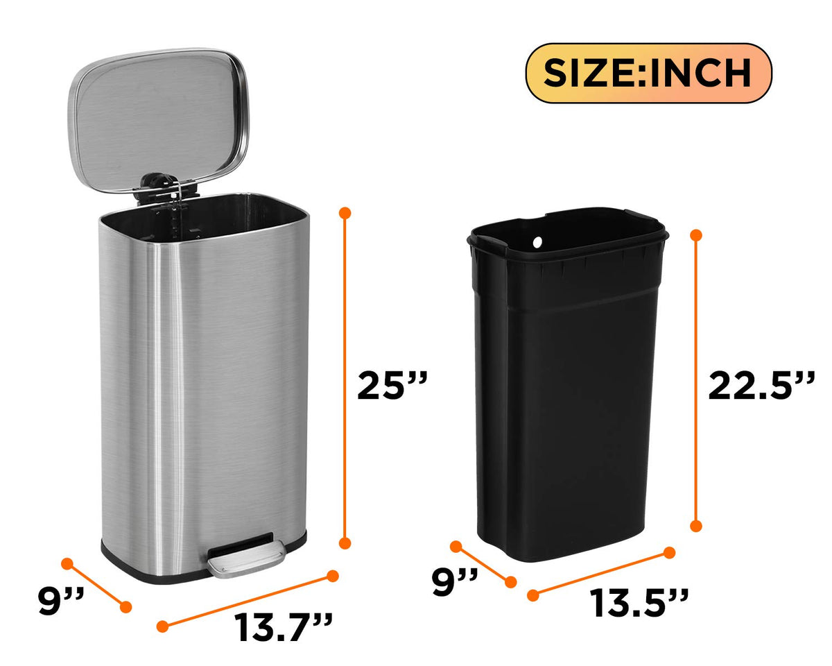13 Gallon/50 L Garbage Can Kitchen Trash Can with Lid for Office Bedroom Bathroom Step Trash Bin Fingerprint-Proof Brushed Stainless Steel - PuriLite