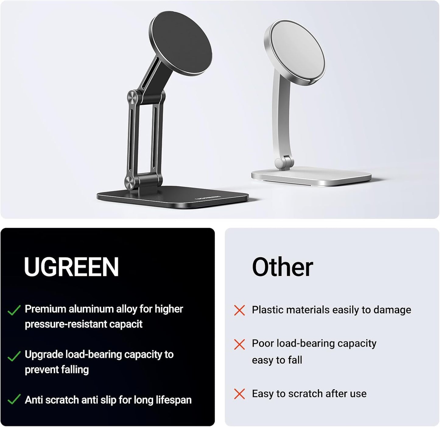 UGREEN Magnetic Phone Stand Compatible with MagSafe, Angle Adjustable Aluminum Holder for Desk, Thick Base Compatible for iPhone 16 15 14 13 12 Pro - PuriLite