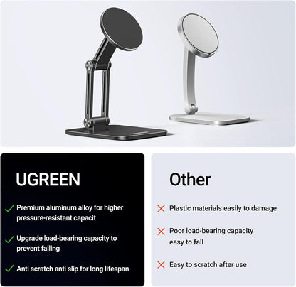 UGREEN Magnetic Phone Stand Compatible with MagSafe, Angle Adjustable Aluminum Holder for Desk, Thick Base Compatible for iPhone 16 15 14 13 12 Pro - PuriLite