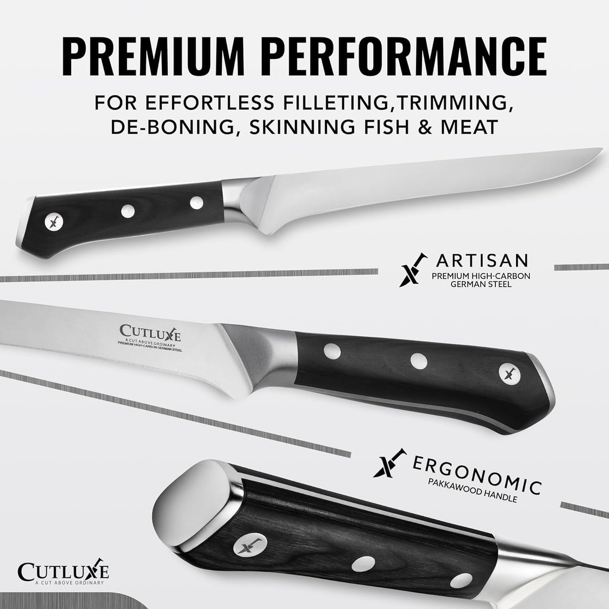 Cutluxe Curved Boning Knife – 6" Boning Knife for Meat Cutting, Fillet Knife – High Carbon German Steel, Full Tang & Ergonomic Handle Design – Artisan Series - PuriLite