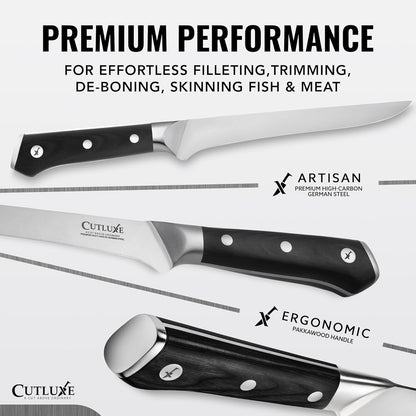Cutluxe Curved Boning Knife – 6" Boning Knife for Meat Cutting, Fillet Knife – High Carbon German Steel, Full Tang & Ergonomic Handle Design – Artisan Series - PuriLite