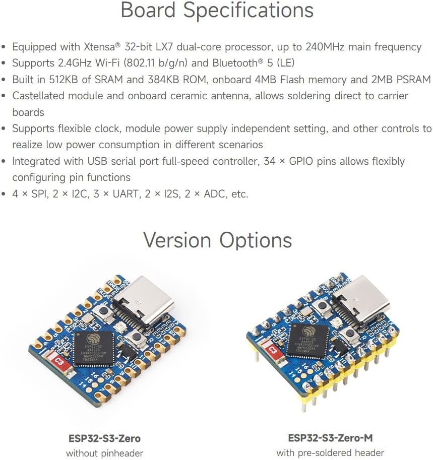 Waveshare 3PCS ESP32-S3 Mini Development Board, Based On ESP32-S3FH4R2, Onboard Multi-Function GPIO Pins, Dual-Core Processor, 240MHz Running Frequency,Microcontroller - PuriLite