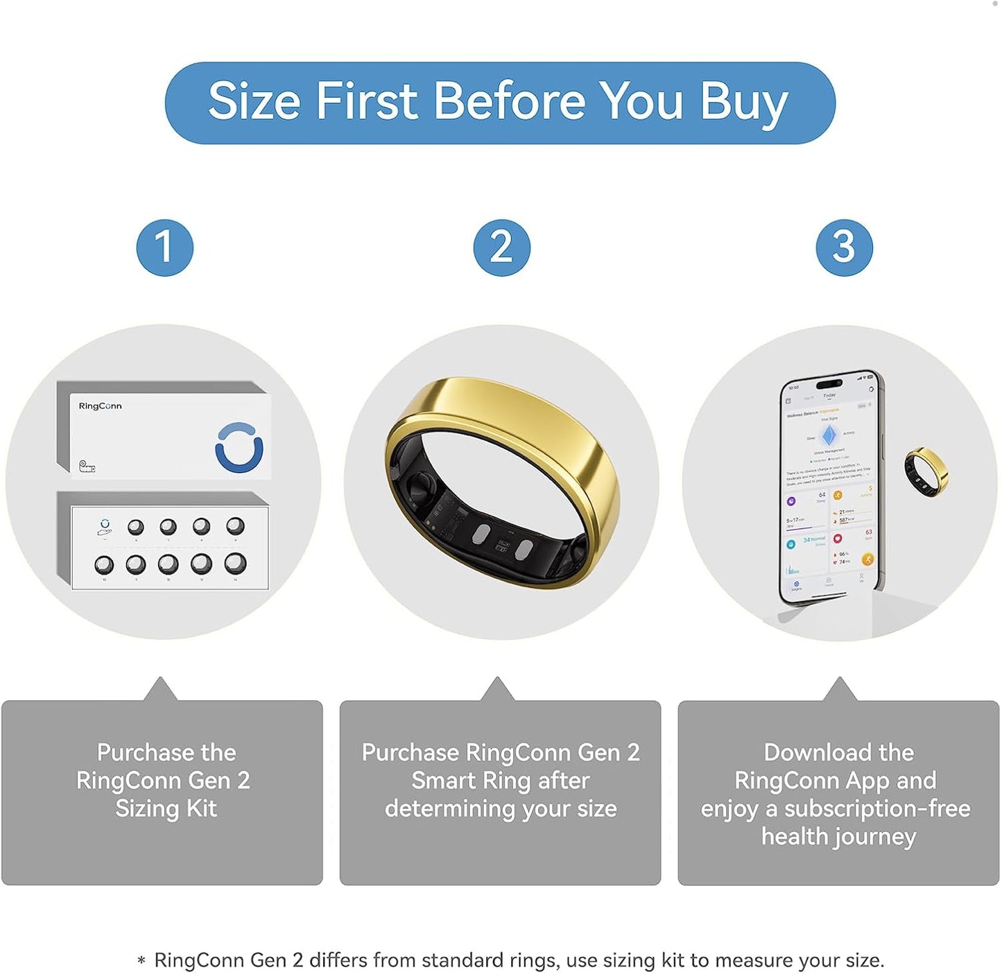 RingConn Gen 2 Smart Ring, No App Subscription, Size First with Sizing Kit, 12-Day Battery Life, Stress/Women's Health Tracker, Compatible with Android & iOS (Black, Size 8) - PuriLite
