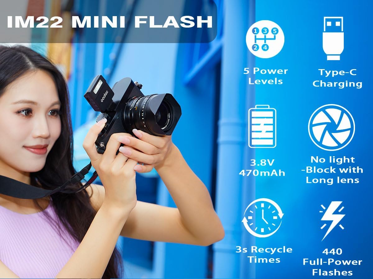 Godox Flash Godox iM22 Mini Camera Flash - GN10/470 mAh/Type-c Charge/440 Full-Power Flashes/3s Recycle Times/5 Power Levels/Manual, Camera Flash for Sony zv1/Sony zve10/Ricoh gr3/Fujifilm f1 etc. - PuriLite