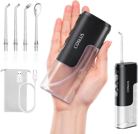 COSLUS Portable Water Flosser for Travel: Mini Water Flossers For Teeth Quick Clean, 4 Modes & Removable Tank for Family, Nozzle Storage, Cordless Compact Design One The Go Use, IPX7 Waterproof, Black - PuriLite