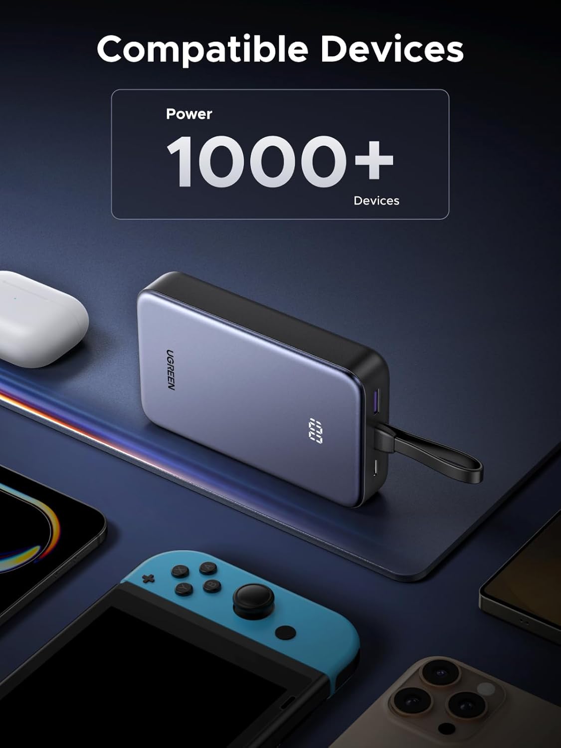 UGREEN 20000mAh 22.5W Power Bank with Built in Cable, USB Type C Portable Charger Battery Pack 3 Output with LED Display Compatible with iPhone 16 15 Pro Max, Galaxy S24 S23, Pixel 8 Pro Series - PuriLite