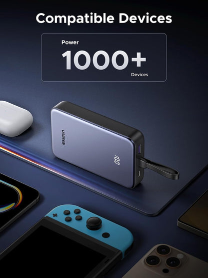 UGREEN 20000mAh 22.5W Power Bank with Built in Cable, USB Type C Portable Charger Battery Pack 3 Output with LED Display Compatible with iPhone 16 15 Pro Max, Galaxy S24 S23, Pixel 8 Pro Series - PuriLite