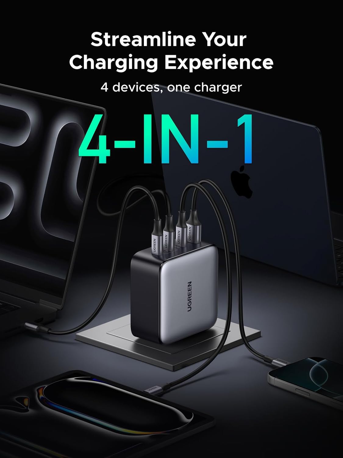 UGREEN 200W Dual USB-C Charger Block, 140W Max Output Laptop Charger, 4-Port Multi-Device Fast Charging, Advanced GaN Power Adapter Compact for MacBook, Dell XPS, iPad Pro, Galaxy S24, iPhone 16/15 - PuriLite