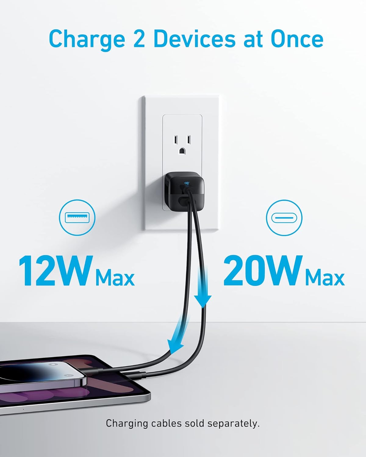 Anker USB C Charger, 323 Charger (33W), 2 Port Compact Charger with Foldable Plug for iPhone 14/14 Plus/14 Pro/14 Pro Max/13/12, Pixel, Galaxy, iPad/iPad Mini and More (Cable Not Included) - White - PuriLite