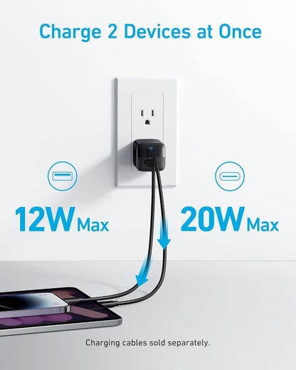 Anker USB C Charger, 323 Charger (33W), 2 Port Compact Charger with Foldable Plug for iPhone 14/14 Plus/14 Pro/14 Pro Max/13/12, Pixel, Galaxy, iPad/iPad Mini and More (Cable Not Included) - White - PuriLite