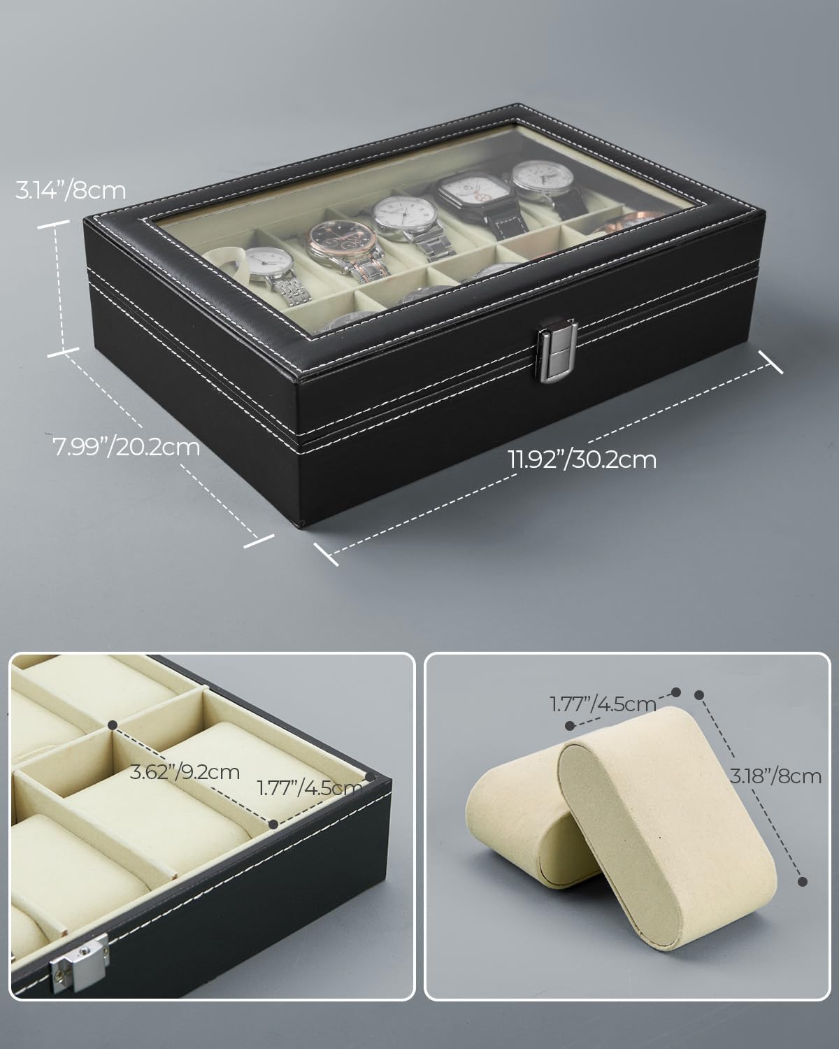 Ohuhu Watch Box Organizer for Men -12 Slot Leather Watch Case with Real Glass Lid Watch Display Case, Watch Organizer Jewelry Storage Box - PuriLite