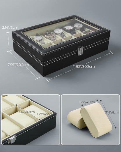 Ohuhu Watch Box Organizer for Men -12 Slot Leather Watch Case with Real Glass Lid Watch Display Case, Watch Organizer Jewelry Storage Box - PuriLite