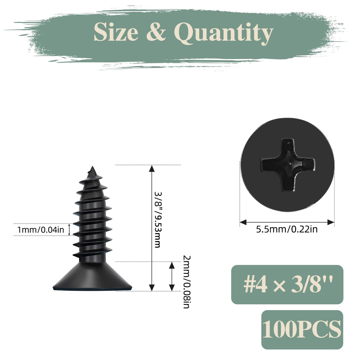 GOHODOMINO #4 x 1/2" Wood Screw 100Pcs, Stainless Steel 304 (18-8) Screws Flat Head Phillips Fast Self Tapping Drywall Screws Black Oxide - PuriLite