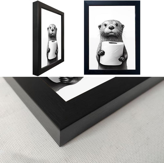Bathroom Picture Wall Decor, Framed Black and White Bathroom Wall Art, Toilet Paper in Little Funny Raccoon's Hand Animal Canvas Print Painting - PuriLite