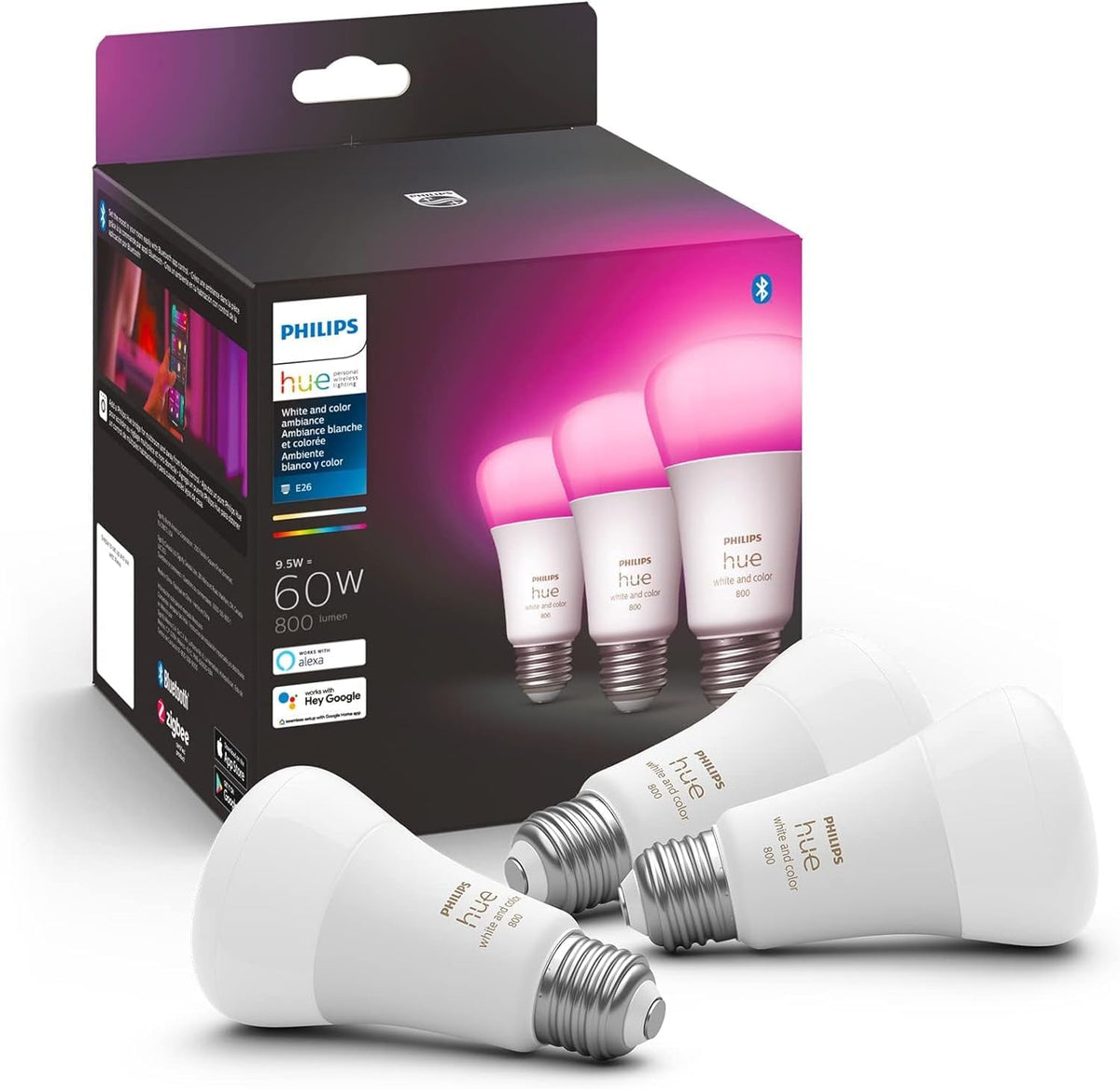 Philips Hue White and Colour Ambiance A19 E26 LED Smart Bulb, Bluetooth & Zigbee Compatible (Hue Hub Optional), Works with Alexa & Google Assistant A Certified for Humans Device (562785),3 Pack - PuriLite