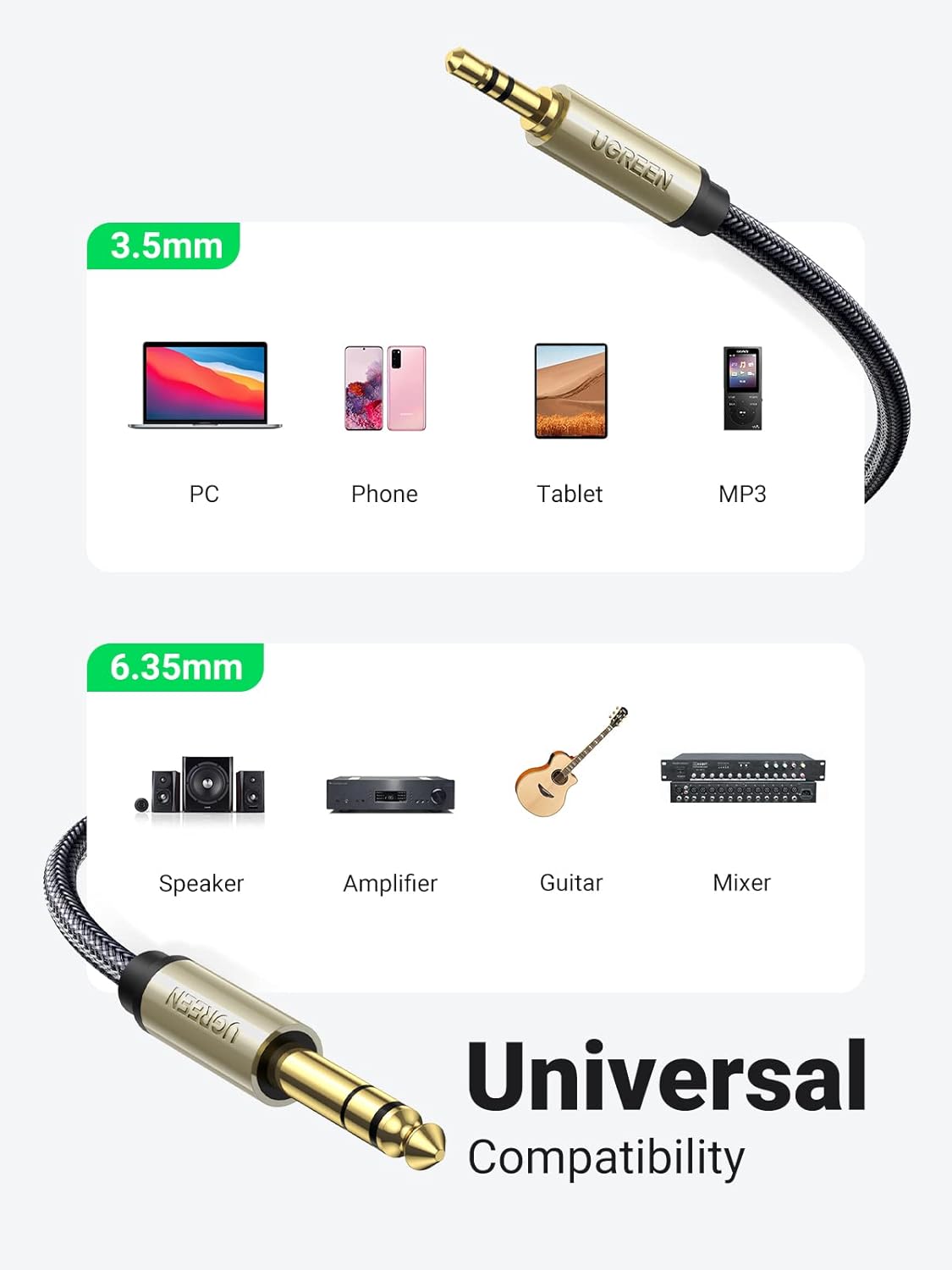 UGREEN 1/8 to 1/4 Inch Cable, 3.5mm TRS to 6.35mm Audio Cable Guitar to Aux Male Cord with Zinc Alloy Housing and Nylon Braid for Amplifier, Mixer, Digital Keyboard, Home Theater, Laptop, 6.6FT - PuriLite