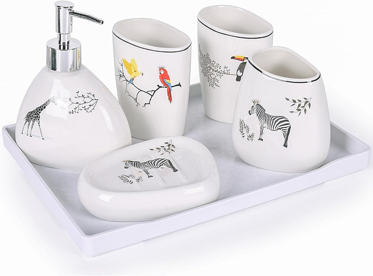 White Bathroom Accessories Set,Modern Countertop Bathroom Decor,Luxury 6 Piece Bathroom Accessory Set,Complete with Soap Dispenser,Toothbrush Holder,Tumbler,Tray - PuriLite