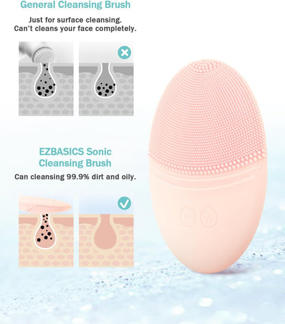 EZBASICS Sonic Facial Cleansing Brush Made with Ultra Hygienic Soft Silicone, Waterproof Sonic Vibrating Face Brush for Deep Cleansing, Gentle Exfoliating and Massaging, Inductive Charging Blue - PuriLite