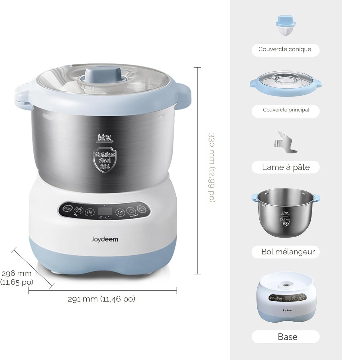Joydeem JD-HMJ7L Machine à pâte électrique avec fonction de fermentation, minuterie pour micro-ordinateur, panneau tactile face vers le haut, 6,6 l, acier inoxydable 304