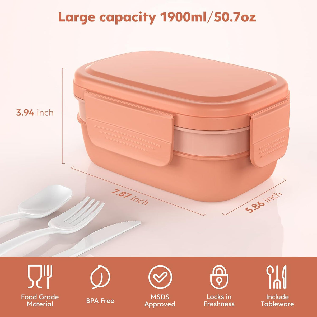 Bento Box Adult - 3 Layers Stackable Lunch Containers for Adults & Kids, 72oz Large Salad Containers for Lunch with Utensil Sauce Dressing Containers for Dining Out,Work,Pink - PuriLite