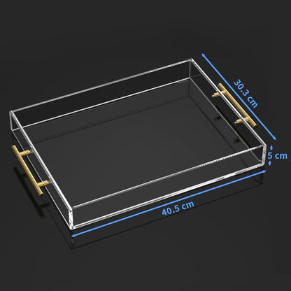 NIUBEE Clear Acrylic Serving Tray 12x16” – Spill-Proof Decorative Tray with Gold Handles for Coffee Table, Ottoman, Countertop, Breakfast, Drinks & Food - PuriLite