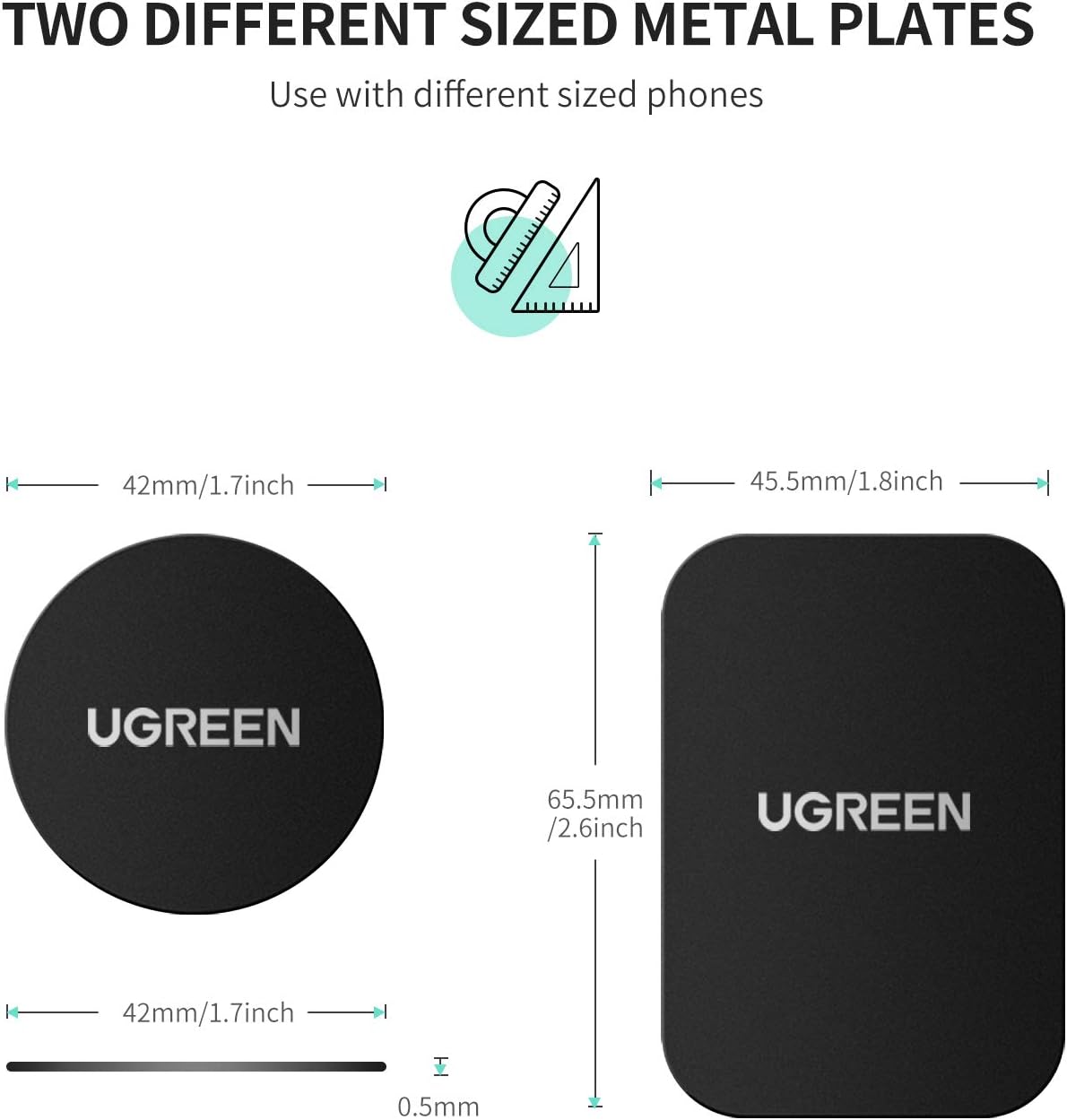UGREEN Metal Plate for Magnetic Car Mount Cell Phone Magnet Holder with Strong Adhesive Sticker, 2 Round and 2 Rectangle Black - PuriLite