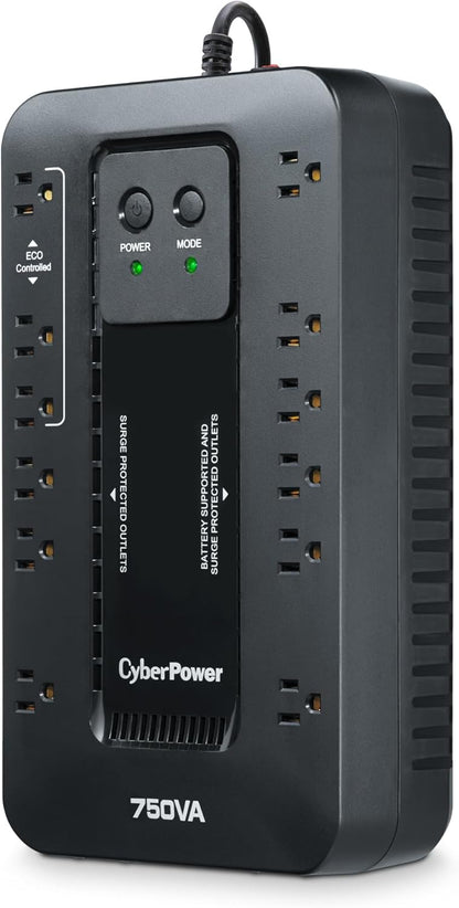 CyberPower EC850LCD Ecologic Battery Backup & Surge Protector UPS System, 850VA/510W, 12 Outlets, ECO Mode, Compact, Uninterruptible Power Supply - PuriLite