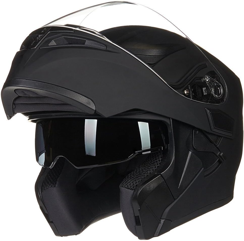 ILM Motorcycle Dual Visor Flip up Modular Full Face Helmet DOT with 7 Colors (L, Matte Black) - PuriLite