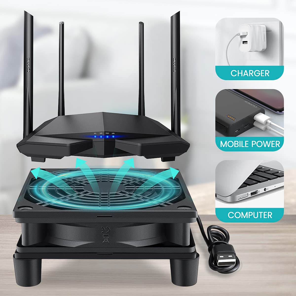 Wathai High Airflow Router Cooling Fan for Computer Cooler TV Small Box DC 5V USB Power 120mm 240mm Fan with Multi Speed Controller - PuriLite