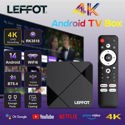 LEFFOT Android TV Box 2025,4K UHD Steaming Devices for TV,2GBRAM + 8GBROM,with HDR10,2.4G&5G WIFI6,BT 5.0,Smat TV Box RK3518 - PuriLite