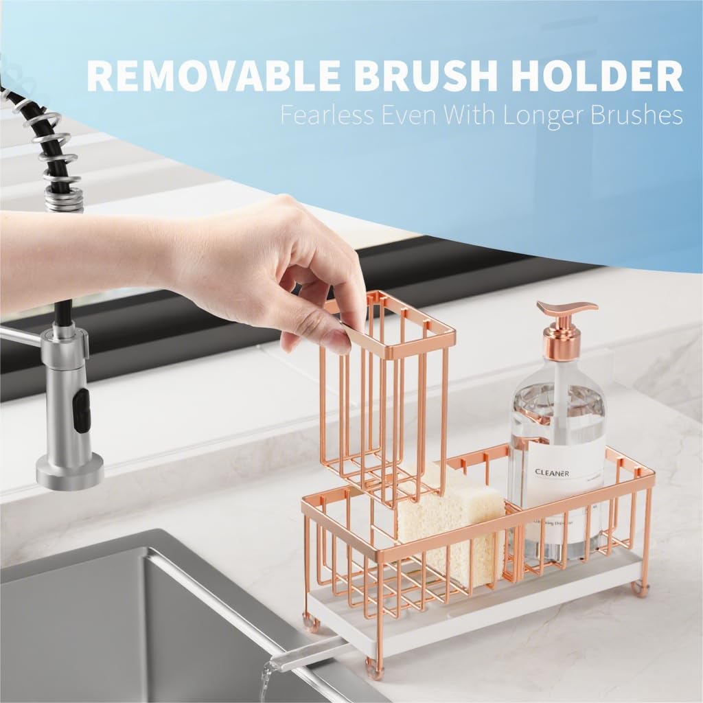 Cisily Sponge Holder for Kitchen Sink, Sink Caddy with High Brush Holder, Organzier Rustproof 304 Stainless Steel Dish Organizer Divider, Soap Dispenser Storage (Black) - PuriLite