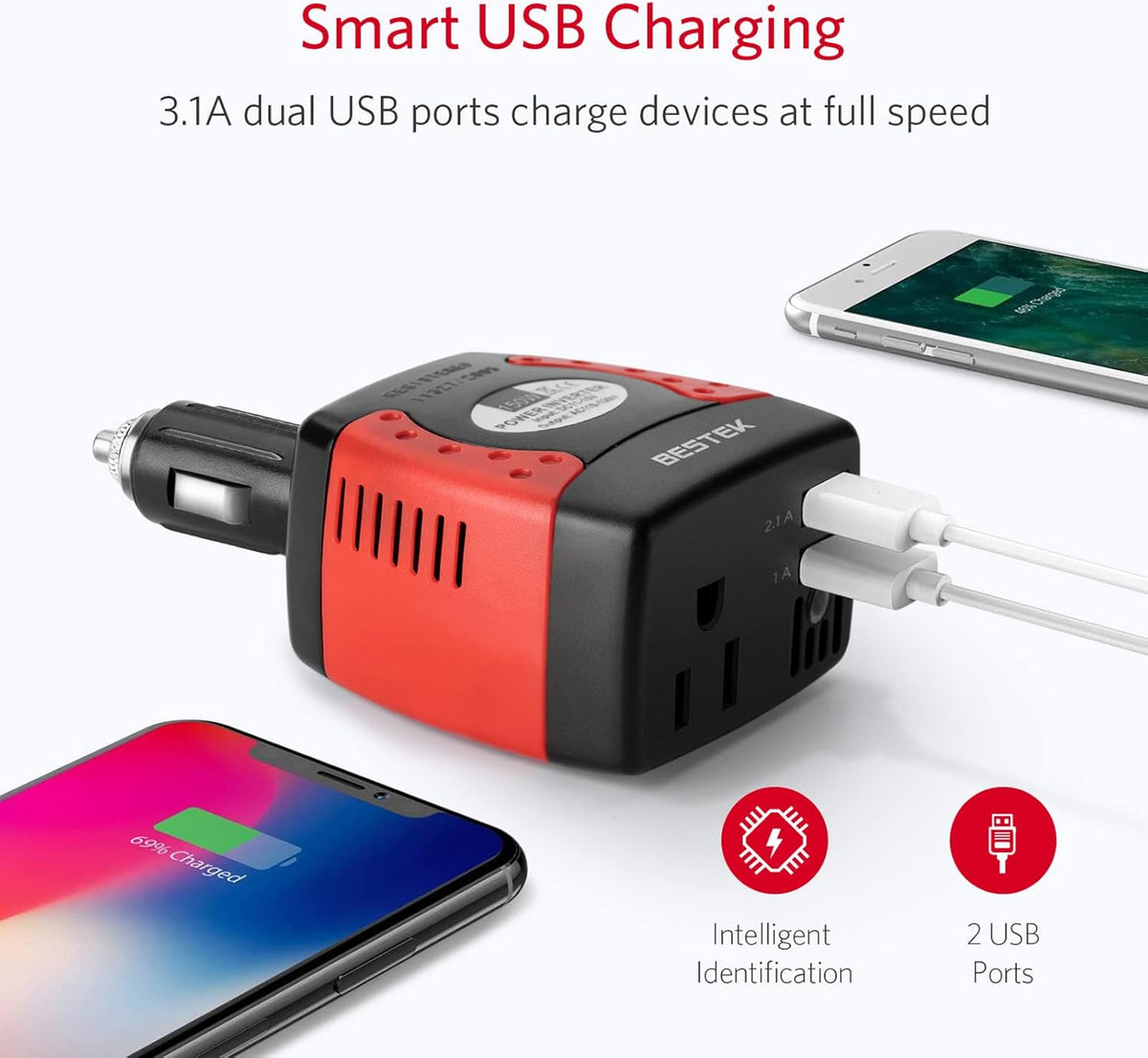 BESTEK 150W Power Inverter 12V to 110V Voltage Converter Car Charger Power Adapter with 3.1A Dual USB Charging Ports - PuriLite