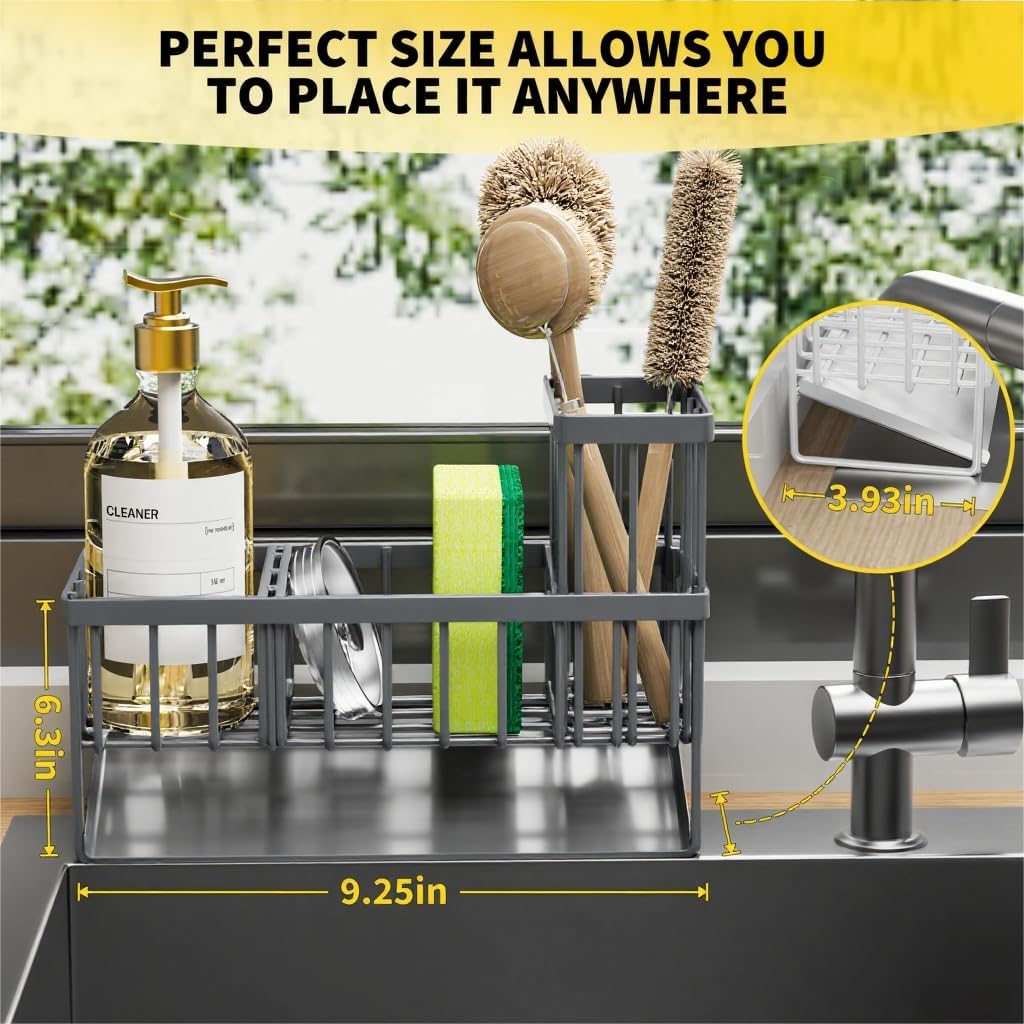 Cisily Kitchen Sink Caddy Organzier with High Brush Holder, Sponge Holder for Sink, 304 Rustproof Stainless, Kitchen Countertop Soap Dispenser Organizer, Kitchen Decor and Accessories (Black) - PuriLite