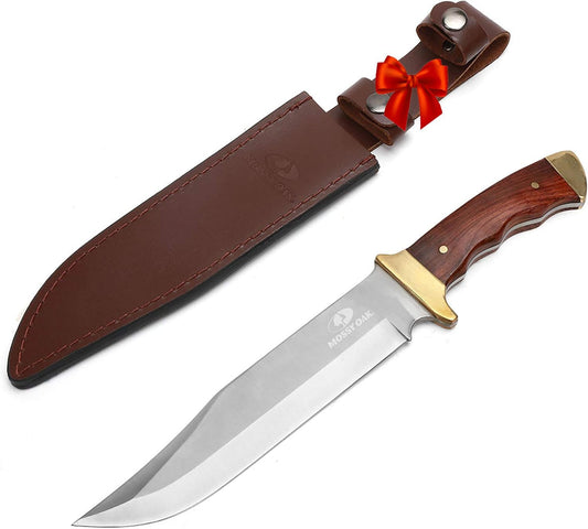 MOSSY OAK 14-inch Bowie Knife, Full-tang Fixed Blade Wood Handle with Leather Sheath for Camping Survival - PuriLite