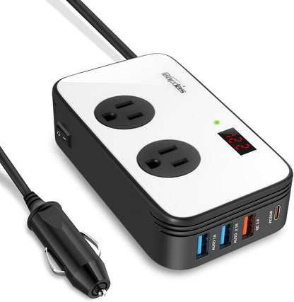 Bapdas 200W Power Inverter DC 12V to AC 110V Car Adapter Plug Outlet with PD 25W USB-C, QC3.0 and Dual USB Ports Loptop Car Charger - PuriLite