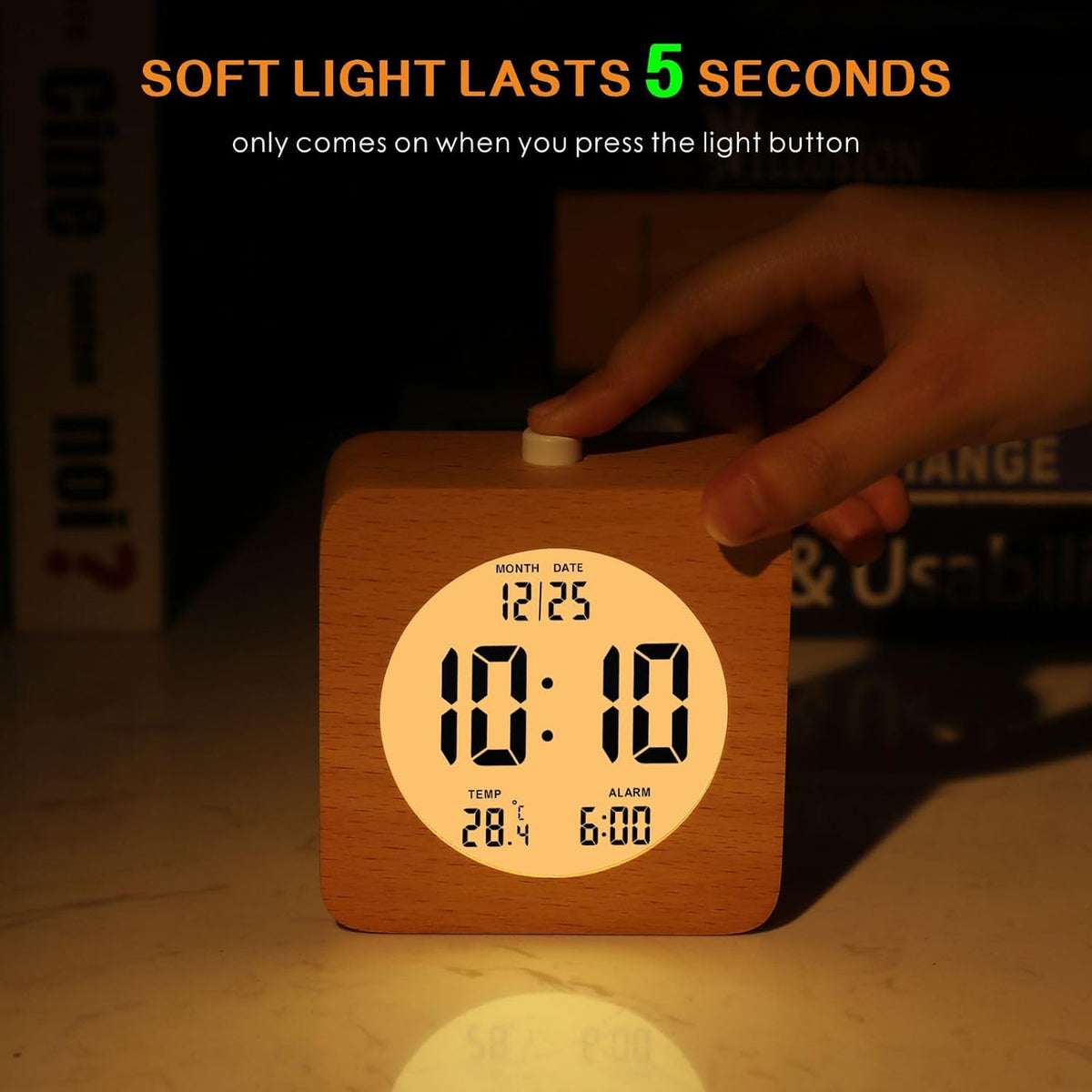 Plumeet Wooden Digital Alarm Clock for Bedrooms, Wood 4'' Battery Powered Alarm Clock with Snooze and Nightlight, Electronic LCD Desk Clock Display Time, Date, Temp, 12/24H, Wood Décor (Sapele, 3.2'') - PuriLite