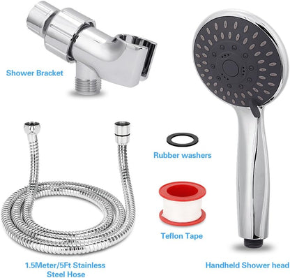 Shower Head, High Pressure Handheld Showerhead with Hose, 5 Settings Chrome Finished Hand Held Rainfall Shower Set- Including Bracket Teflon Washer - PuriLite