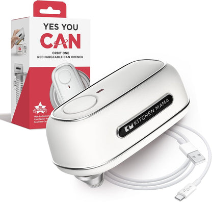 Kitchen Mama Orbit One Stainless Steel Rechargeable Electric Can Opener: Hands-Free, USB-C Charging, Automatic Stop, Smooth Edge, Safety, Blade for Large Cans, Heavy Duty, Soda Can and Pop Can - PuriLite