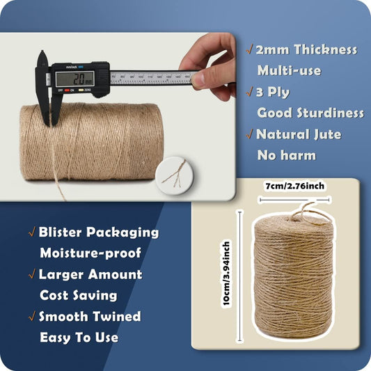 PerkHomy Natural Jute Twine 600 ft – 2mm Thick Eco-Friendly String for Crafts, Gift Wrapping, Gardening, Macrame, Crochet & DIY Decor - PuriLite