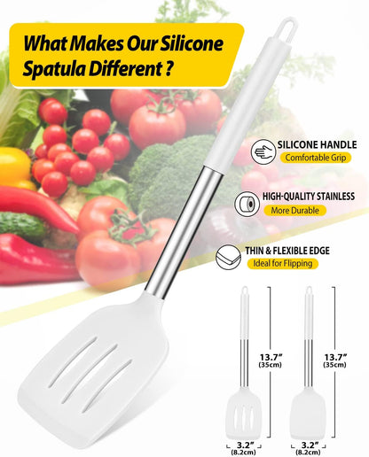 Pack of 2 Silicone Slotted Spatula,Non Stick Solid Kitchen Turner, High Heat Resistant BPA Free Cooking Utensils for Fish, Eggs, Pancakes（Black - PuriLite