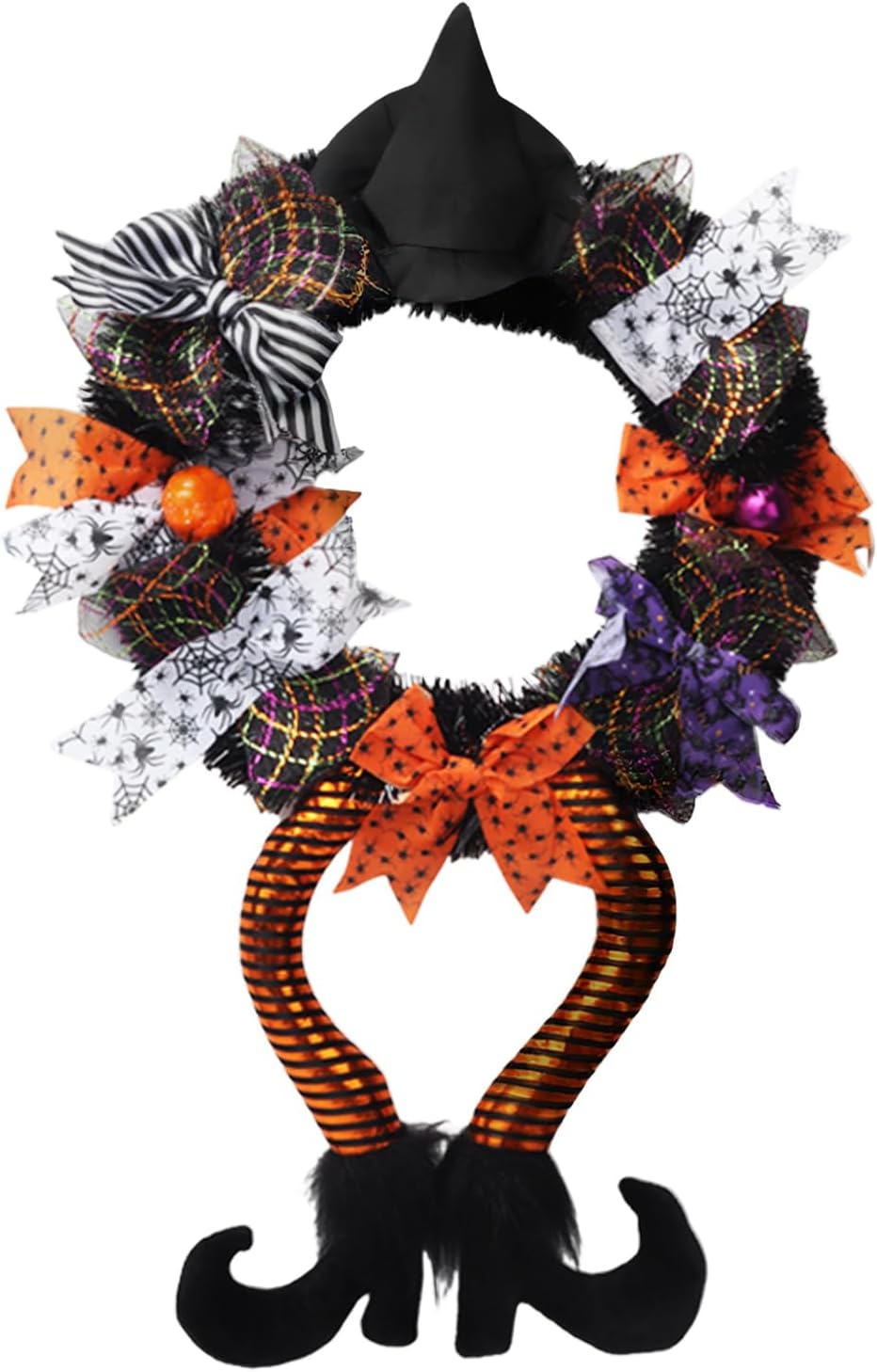 16 Inch Halloween Wreath with Witch Hat Legs for Front Door Halloween Door Sign Decoration - PuriLite