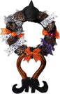 16 Inch Halloween Wreath with Witch Hat Legs for Front Door Halloween Door Sign Decoration - PuriLite