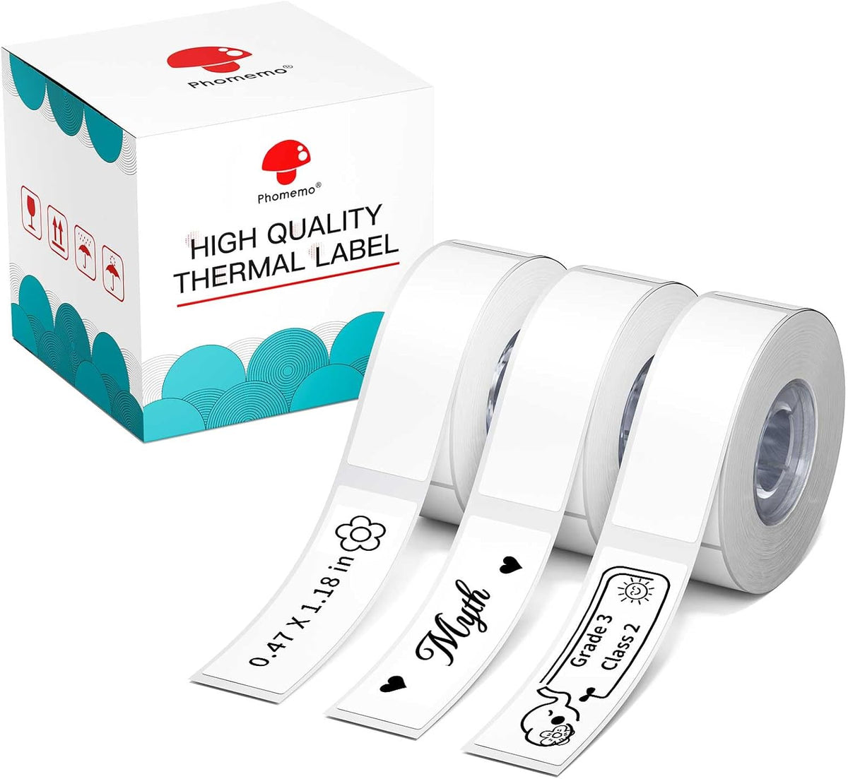 Phomemo D30 Thermal self-Adhesive Label, 3/8" X 1 1/2" (12mm X 40mm) 160 Labels/Roll, Compatible with Phomemo D30 Label Printer, Suitable for Home, Office, School, Black on White, 3 Roll - PuriLite