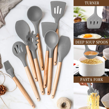 Umite Chef Kitchen Cooking Utensils Set, 33 pcs Non-Stick Silicone Cooking Kitchen Utensils Spatula Set with Holder, Wooden Handle Silicone Kitchen Gadgets Utensil Set (Khaki) - PuriLite
