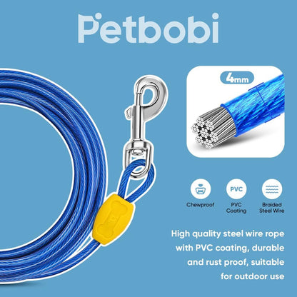 Petbobi Dog Tie-Out Cable 30ft - Outdoor Leash 4mm Metal Cable with Shock Absorbing Spring 360° Swivel Clips, Dog Chain for Yard Camping, Fit Small Medium Large Pets Up to 120lbs, Blue - PuriLite