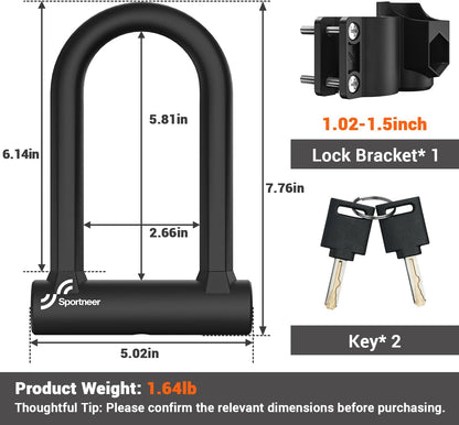 Sportneer Bike Lock: 17mm Heavy Duty Bike U Lock - High-Security Anti-Theft with 12mm x1.5m Steel Cable, 8''x5'' Compact Design, Includes Mounting Bracket for Mountain/Road/Folding/Electric Bikes - PuriLite