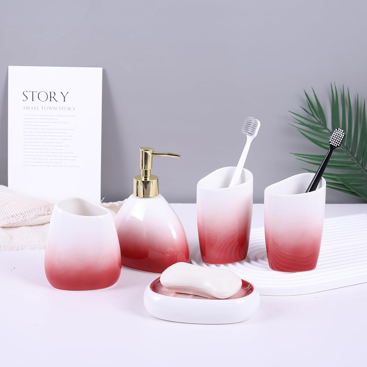 White Bathroom Accessories Set,Modern Countertop Bathroom Decor,Luxury 6 Piece Bathroom Accessory Set,Complete with Soap Dispenser,Toothbrush Holder,Tumbler,Tray - PuriLite