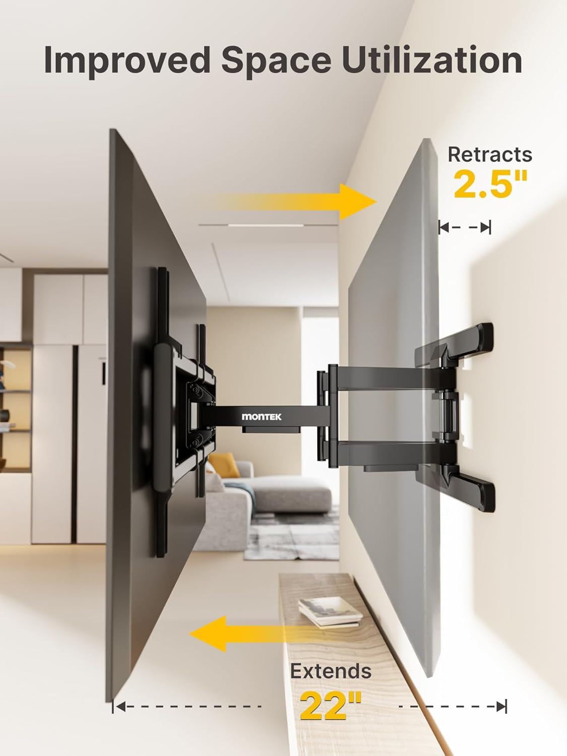 monTEK Long Arm TV Wall Mount for Most 43-90 Inch TVs, 42.5 Inch Long Extension TV Mount Swivel and Tilt, Full Motion Wall Mount TV Bracket Fit Max VESA 800 x 400mm, Up to 132 lbs, 16”,18” Studs - PuriLite