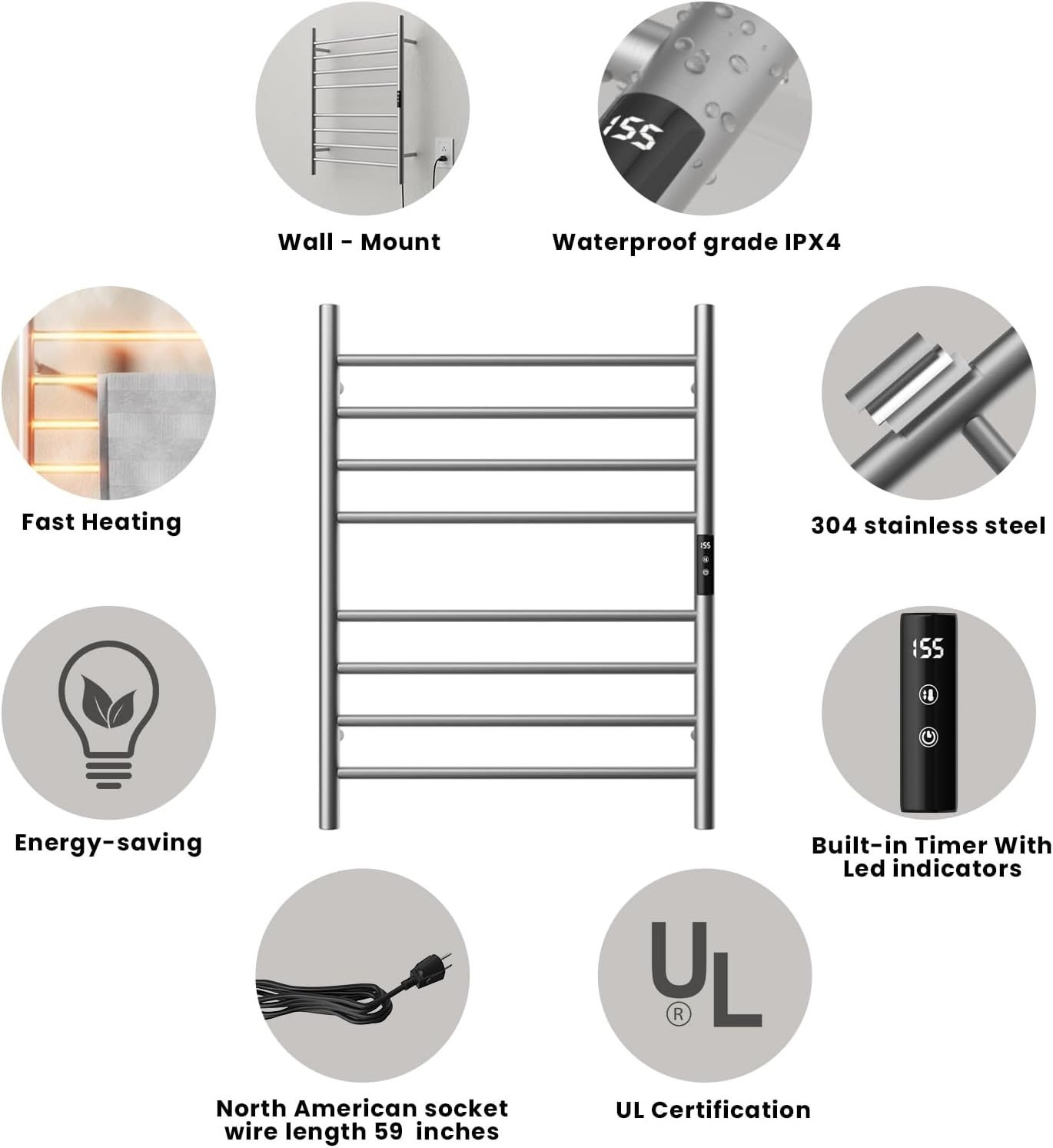 POPFLY Heated Towel Rack, Wall Mounted Electric Hot Towel Warmer, 4-Bar 304 Stainless Steel Small Heated Towel Warmer Rack for Bathroom with Timer and Temperature Control, Brushed - PuriLite