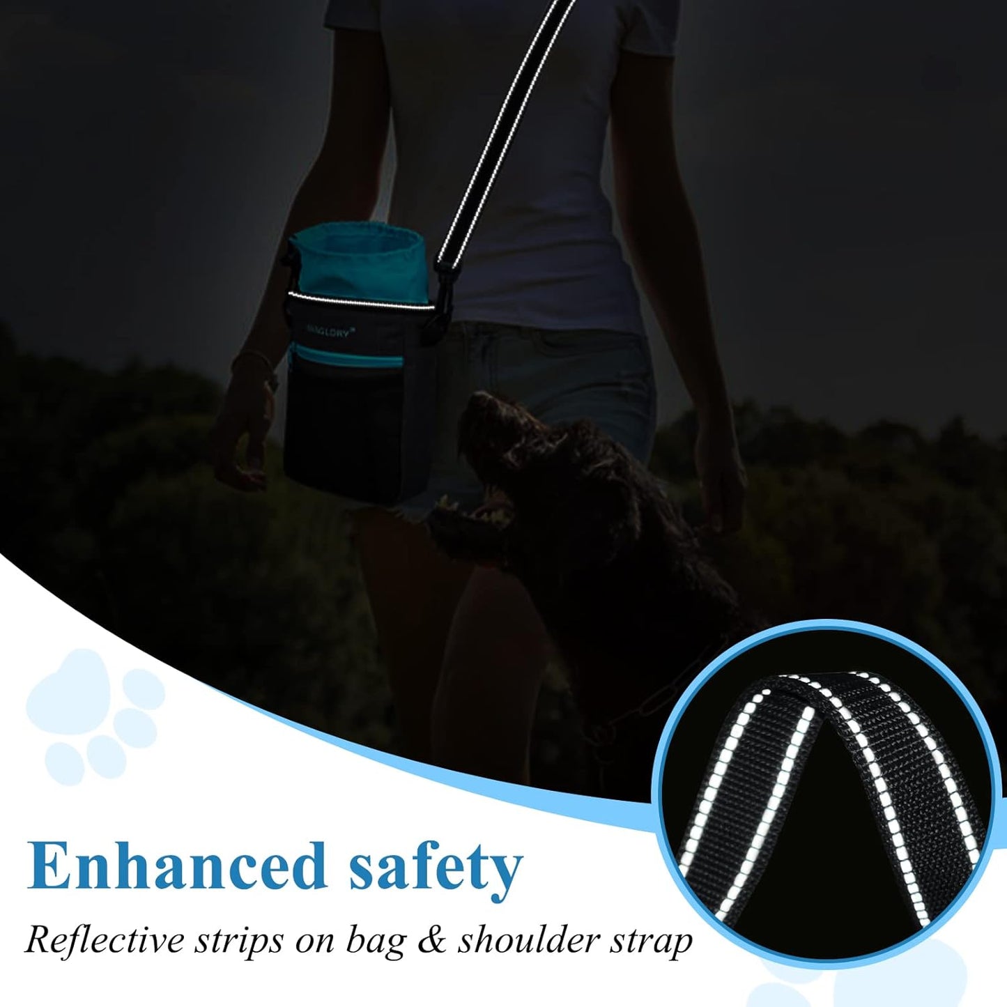 VIVAGLORY Dog Training Treat Pouch, 4Ways to Wear Dog Treat Bags, Built in Dog Waste Bag Dispenser Treats Training Bags with Reflective Adjustable Shoulder Strap, Heather Blue - PuriLite